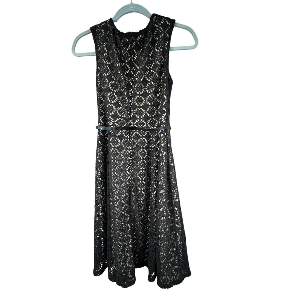 Dressbarn Black Crochet Lace Fit & Flare Dress Belted NWT Size 4 - Picture 7 of 14